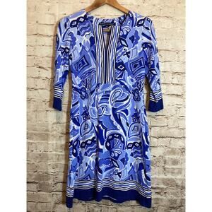 Barbara Erickson Tunic Dress Womens XS Cobalt Blue Retro‎ Print Cotton Stretch